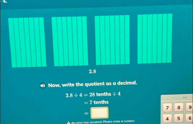 4 
2.8 
Now, write the quotient as a decimal.
2.8/ 4=28 tenths / 4..
=7 tenths
=□
7 8 9
An error has occurred. Please enter a number. 4 5 6