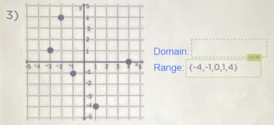 5 
3) 
Domain: □° P 
Range:  -4,-1,0,1,4