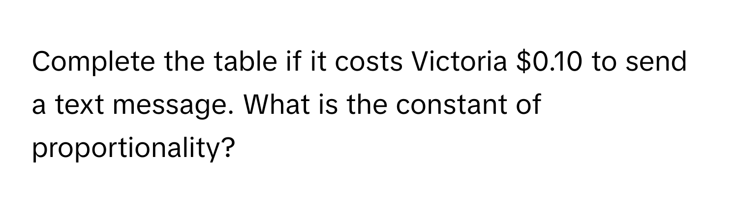 Complete the table if it costs Victoria $0.10 to send a text message. What is the constant of proportionality?