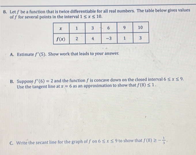 Let f be a function that is twice differentiable for all real numbers. The table below gives values
of f for several points in the interval 1≤ x≤ 10.
A. Estimate f'(5). Show work that leads to your answer.
B. Suppose f'(6)=2 and the function f is concave down on the closed interval 6≤ x≤ 9.
Use the tangent line at x=6 as an approximation to show that f(8)≤ 1.
C. Write the secant line for the graph of f on 6≤ x≤ 9 to show that f(8)≥ - 1/3 .