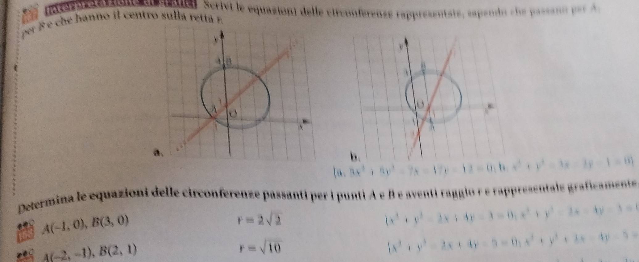 interh 
stuar. Scrivi le equazion delle ctrconfèrensé rapprésentaté, sapemin ehe passann par A 
per 8 e che hanno il centro sulla retta r. 
v 
1 
b. 
n 5x^3+5y^3
-0, b, c d=3x-2y-1=0
Determina le equazioni delle circonferenze passanti per i punti A é B e aventi raggio r e rappresentale grafic men
A(-1,0), B(3,0)
r=2sqrt(2)
|x^3+y^3-2x+4y-3=0, x^3+ y^3-2x-4y-3=0
4(-2,-1), B(2,1)
r=sqrt(10)
|x^3+y^3-2x+4y-5=0; x^3+y^3+3x-4y-5=