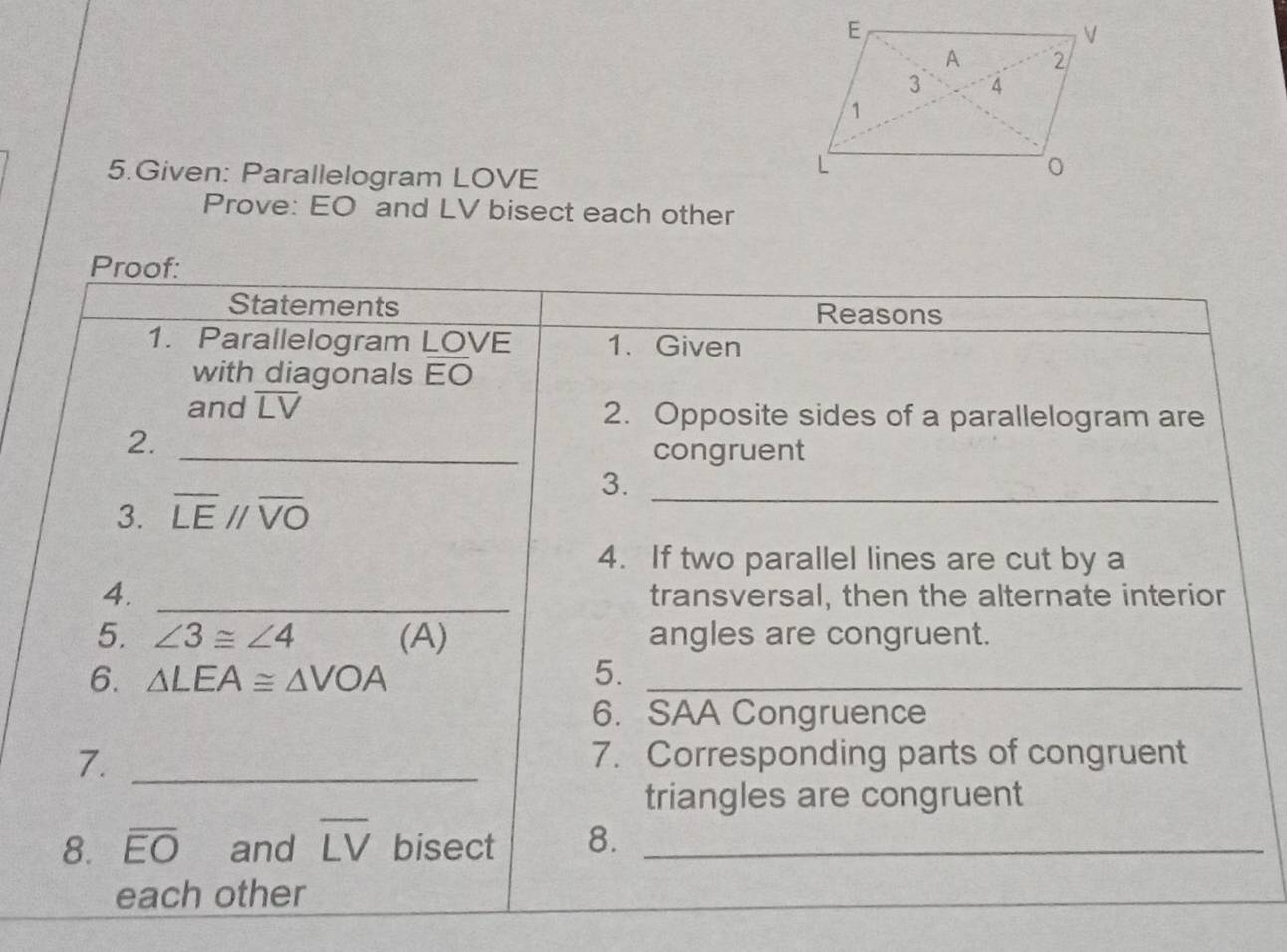 Given: Parallelogram LOVE
Prove: EO and LV bisect each other 
Proof: 
Statements Reasons 
1. Parallelogram LOVE 1. Given 
with diagonals EO
and overline LV 2. Opposite sides of a parallelogram are 
2._ 
congruent 
3._ 
3. overline LEparallel overline VO
4. If two parallel lines are cut by a 
4._ 
transversal, then the alternate interior 
5. ∠ 3≌ ∠ 4 (A) angles are congruent. 
6. △ LEA≌ △ VOA 5._ 
6. SAA Congruence 
7._ 
7. Corresponding parts of congruent 
triangles are congruent 
8. overline EO and overline LV bisect 8._ 
each other