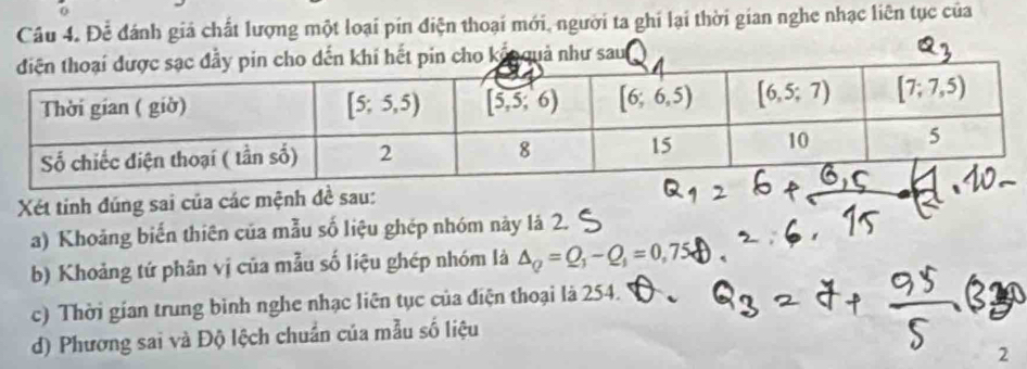 Để đánh giá chất lượng một loại pin điện thoại mới, người ta ghi lại thời gian nghe nhạc liên tục của
o kếo quả như sau
Xét tinh đúng sai của các mệnh đề sau:
a) Khoảng biến thiên của mẫu số liệu ghép nhóm này lá 2.
b) Khoảng tứ phân vị của mẫu số liệu ghép nhóm là △ _Q=Q_1-Q_1=0,75
c) Thời gian trung bình nghe nhạc liên tục của điện thoại là 254.
d) Phương sai và Độ lệch chuẩn của mẫu số liệu
2