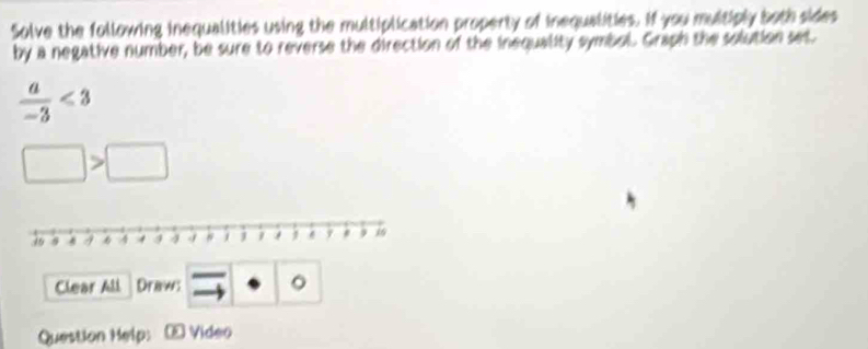 Solve the following inequalities using the multiplication property of inequalities. If you multiply both sides 
by a negative number, be sure to reverse the direction of the inequality symbol. Graph the solution set
 a/-3 <3</tex> 
Clear All Draws 。 
Question Help: Œ Video