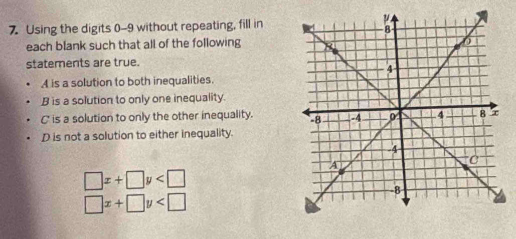 Using the digits 0-9 without repeating, fill in
each blank such that all of the following
statements are true.
A is a solution to both inequalities.
B is a solution to only one inequality.
C' is a solution to only the other inequality.
D is not a solution to either inequality.
□ x+□ y
□ x+□ y