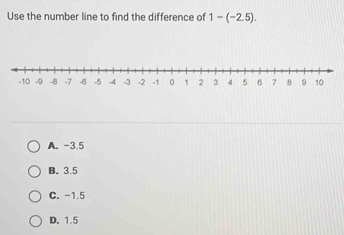 Use the number line to find the difference of 1-(-2.5).
A. -3.5
B. 3.5
C. -1.5
D. 1.5