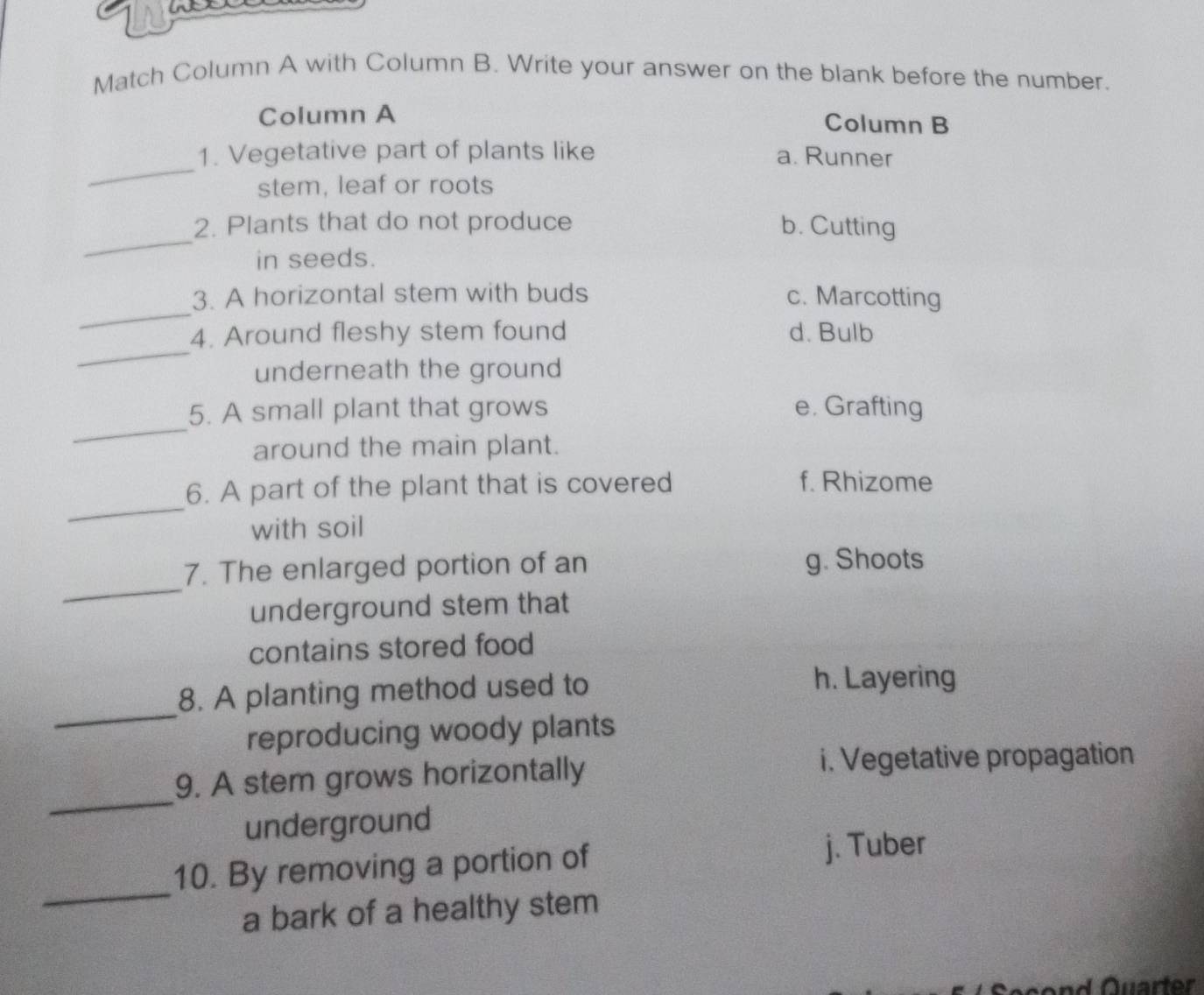 Match Column A with Column B. Write your answer on the blank before the number.
Column A Column B
_
1. Vegetative part of plants like a. Runner
stem, leaf or roots
_
2. Plants that do not produce b. Cutting
in seeds.
_
3. A horizontal stem with buds c. Marcotting
_
4. Around fleshy stem found d. Bulb
underneath the ground
_
5. A small plant that grows e. Grafting
around the main plant.
_
6. A part of the plant that is covered f. Rhizome
with soil
_
7. The enlarged portion of an g. Shoots
underground stem that
contains stored food
8. A planting method used to
h. Layering
_
reproducing woody plants
9. A stem grows horizontally
i. Vegetative propagation
_
underground
10. By removing a portion of
j. Tuber
_
a bark of a healthy stem
Second Quarter