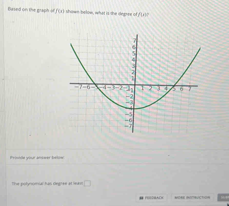 Based on the graph of f(x) shown below, what is the degree of f(x) ? 
Provide your answer below: 
The polynomial has degree at least □ 
FEEDBACK MORE INSTRUCTION su