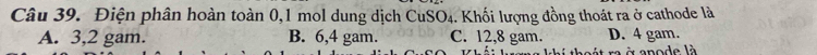 Điện phân hoàn toàn 0,1 mol dung dịch CuSO₄. Khối lượng đồng thoát ra ở cathode là
A. 3, 2 gam. B. 6, 4 gam. C. 12, 8 gam. D. 4 gam.
à à anode là
