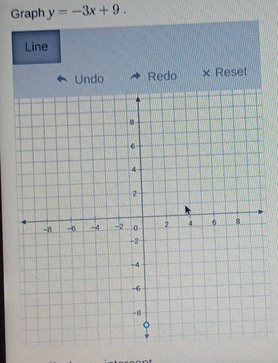 Graph y=-3x+9. 
Line 
Undo Redo 
Reset