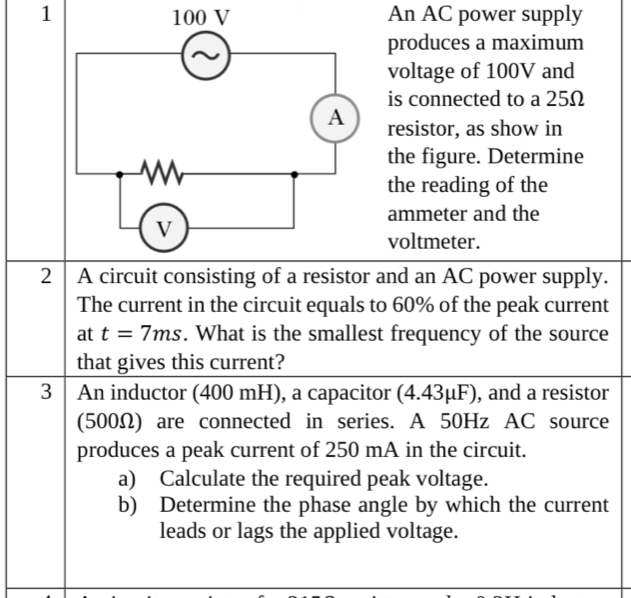 An AC power supply 
produces a maximum 
voltage of 100V and 
is connected to a 25Ω
resistor, as show in 
the figure. Determine 
the reading of the 
ammeter and the 
voltmeter. 
2₹ A circuit consisting of a resistor and an AC power supply. 
The current in the circuit equals to 60% of the peak current 
at t=7ms. What is the smallest frequency of the source 
that gives this current? 
3 An inductor (400 mH), a capacitor (4 .43mu F ), and a resistor 
(500Ω) are connected in series. A 50Hz AC source 
produces a peak current of 250 mA in the circuit. 
a) Calculate the required peak voltage. 
b) Determine the phase angle by which the current 
leads or lags the applied voltage.