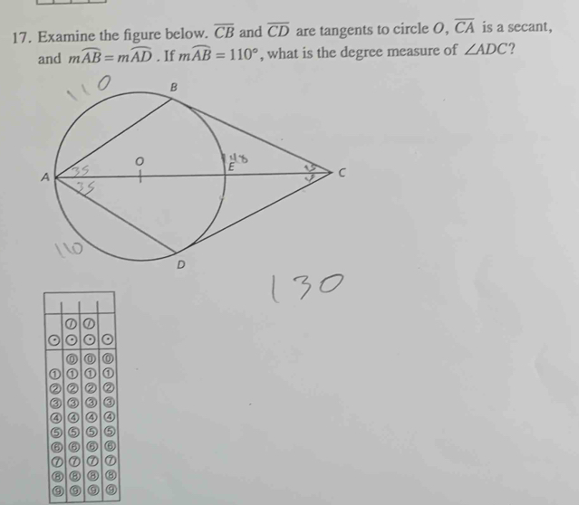 Examine the figure below. overline CB and overline CD are tangents to circle O, overline CA is a secant, 
and mwidehat AB=mwidehat AD. If mwidehat AB=110° , what is the degree measure of ∠ ADC ?