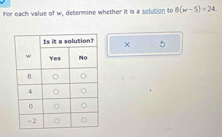 For each value of w, determine whether it is a solution to 8(w-5)=24. 
× 5