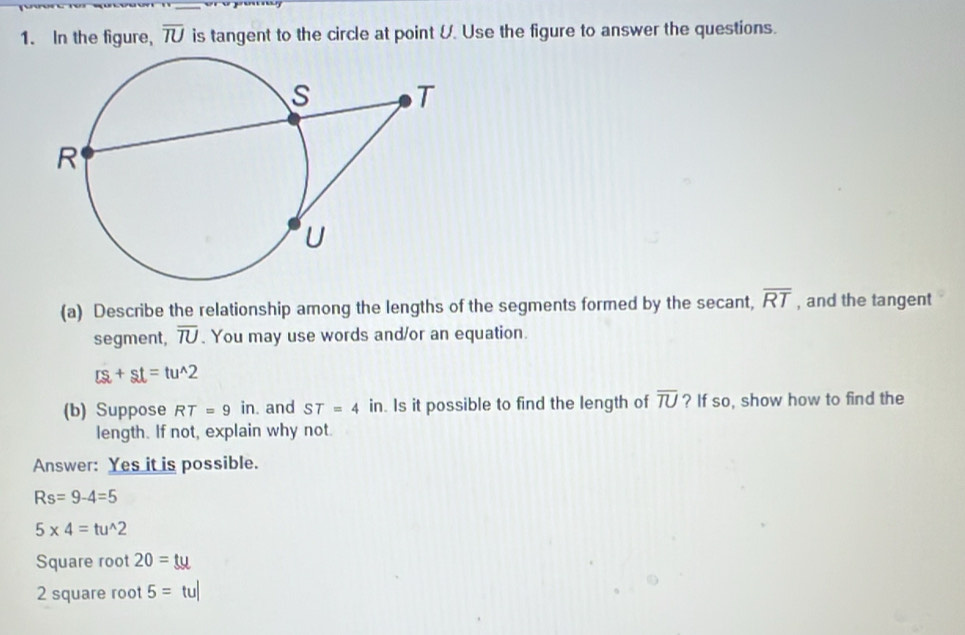 Solved: In the figure, overline TU is tangent to the circle at point U ...