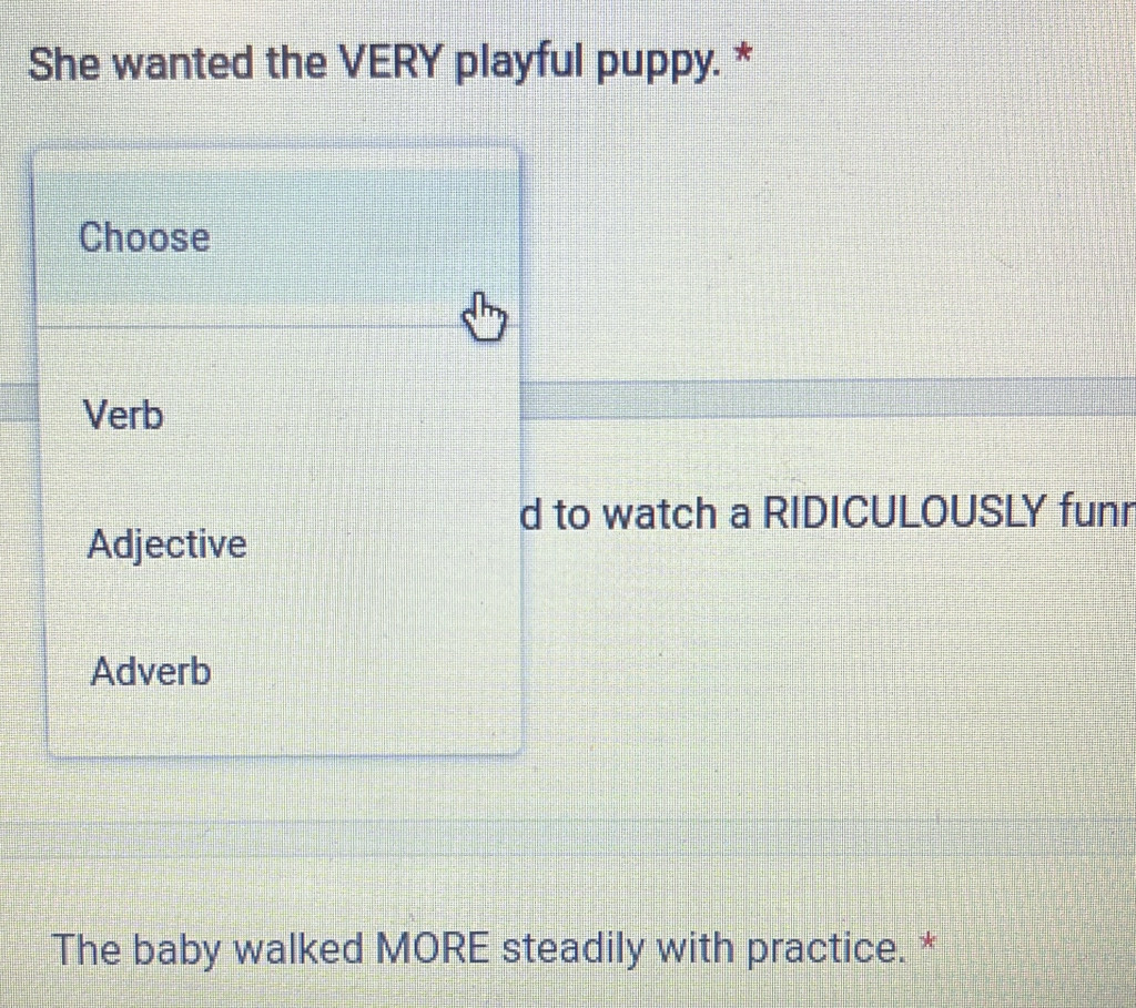 She wanted the VERY playful puppy. *
Choose
Verb
d to watch a RIDICULOUSLY funr
Adjective
Adverb
The baby walked MORE steadily with practice. *