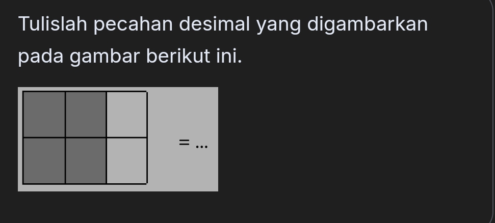 Tulislah pecahan desimal yang digambarkan 
pada gambar berikut ini. 
_=