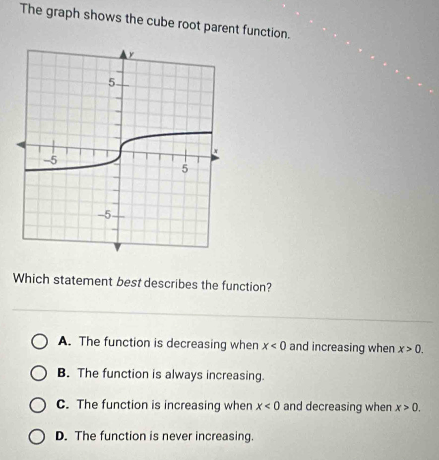 The graph shows the cube root parent function.
Which statement best describes the function?
A. The function is decreasing when x<0</tex> and increasing when x>0.
B. The function is always increasing.
C. The function is increasing when x<0</tex> and decreasing when x>0.
D. The function is never increasing.