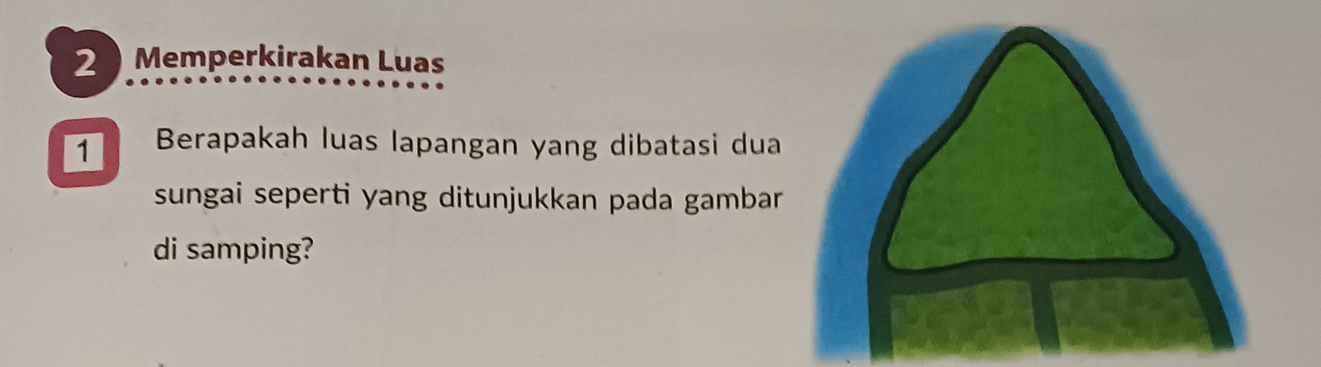 Memperkirakan Luas 
1 Berapakah luas lapangan yang dibatasi dua 
sungai seperti yang ditunjukkan pada gambar 
di samping?