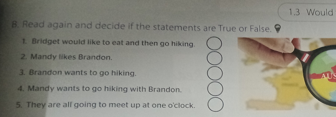 1.3 Would 
B. Read again and decide if the statements are True or False. 
1. Bridget would like to eat and then go hiking. 
2. Mandy likes Brandon. 
3. Brandon wants to go hiking. 
AUS 
4. Mandy wants to go hiking with Brandon. 
5. They are all going to meet up at one o'clock.