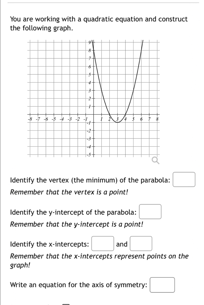 You are working with a quadratic equation and construct 
the following graph. 
Identify the vertex (the minimum) of the parabola: □ 
Remember that the vertex is a point! 
Identify the y-intercept of the parabola: □ 
Remember that the y-intercept is a point! 
Identify the x-intercepts: □ and □
Remember that the x-intercepts represent points on the 
graph! 
Write an equation for the axis of symmetry: □