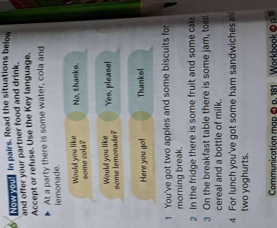 Now you! In pairs. Read the situations below 
and offer your partner food and drink. 
Accept or refuse. Use the Key language. 
At a party there is some water, cola and 
lemonade. 
Would you like No, thanks, 
some cola? 
Would you like 
some lemonade? Yes, please! 
Here you gol Thanksl 
1 You've got two apples and some biscuits for 
morning break. 
2 In the fridge there is some fruit and some cake. 
3 On the breakfast table there is some jam, toast, 
cereal and a bottle of milk. 
4 For lunch you've got some ham sandwiches and 
two yoghurts. 
Communication map ❸ p. 181 Workbook ❸ p. 181