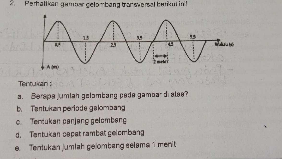 Perhatikan gambar gelombang transversal berikut ini! 
Tentukan : 
a. Berapa jumlah gelombang pada gambar di atas? 
b. Tentukan periode gelombang 
c. Tentukan panjang gelombang 
d. Tentukan cepat rambat gelombang 
e. Tentukan jumlah gelombang selama 1 menit