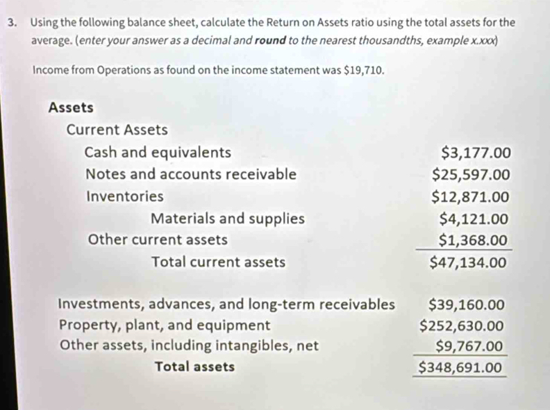 Using the following balance sheet, calculate the Return on Assets ratio using the total assets for the 
average. (enter your answer as a decimal and round to the nearest thousandths, example x.xxx) 
Income from Operations as found on the income statement was $19,710. 
Assets 
Current Assets 
Cash and equivalents
³.177.00
$3,177
Notes and accounts receivable $25,597.00
□  
Inventories $12,871.00
Materials and supplies 
Other current assets 
Total current assets
beginarrayr $4,121.00 $1,368.00 hline $47,134,00endarray
Investments, advances, and long-term receivables 
Property, plant, and equipment 
Other assets, including intangibles, net 
Total assets
beginarrayr S39,160.00 $252,630.00 $9,767.00 hline S348,691.00endarray