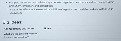 compare and/or contrast relationships between organisms, such as mutualism, commensalism, 
parasitism, predation, and competition 
analyze the effects of the removal or addition of organisms on predation and competition in an 
ecosystem 
Big Ideas: 
Key Questions and Terms Notes 
What are the different types of 
interactions in nature?