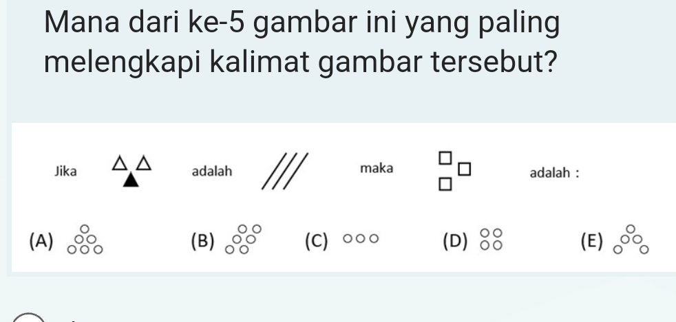 Mana dari ke- 5 gambar ini yang paling
melengkapi kalimat gambar tersebut?
Jika △ △
maka beginarrayr □  □ endarray ( adalah :
adalah 11
(A) (B) beginarrayr 00 00 hline endarray (C) ○○○ (D) beginarrayr 00 00endarray (E) 20°