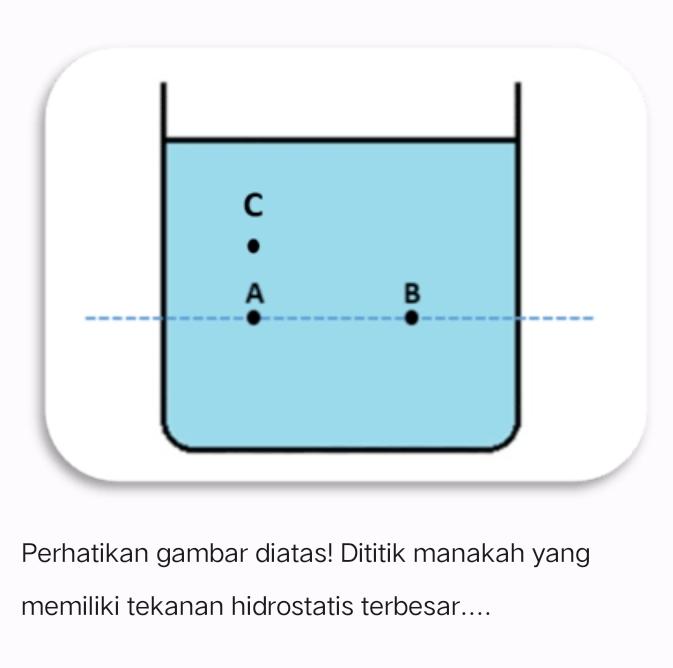 A 
B 
Perhatikan gambar diatas! Dititik manakah yang 
memiliki tekanan hidrostatis terbesar....