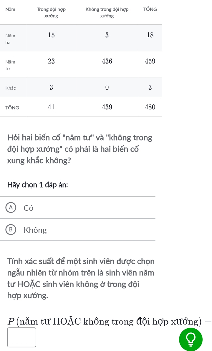 Hỏi hai biến cố "năm tư" và "không trong
đội hợp xướng" có phải là hai biến cố
xung khắc không?
Hãy chọn 1 đáp án:
A Có
B Không
Tính xác suất để một sinh viên được chọn
ngẫu nhiên từ nhóm trên là sinh viên năm
tư HOặC sinh viên không ở trong đội
hợp xướng.
P (năm tư HOĂC không trong đội hợp xướng) =