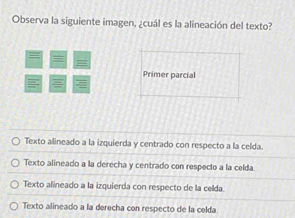 Observa la siguiente imagen, ¿cuál es la alineación del texto?
Primer parcial
Texto alineado a la izquierda y centrado con respecto a la celda.
Texto alineado a la derecha y centrado con respecto a la celda.
Texto alineado a la izquierda con respecto de la celda.
Texto alineado a la derecha con respecto de la celda.