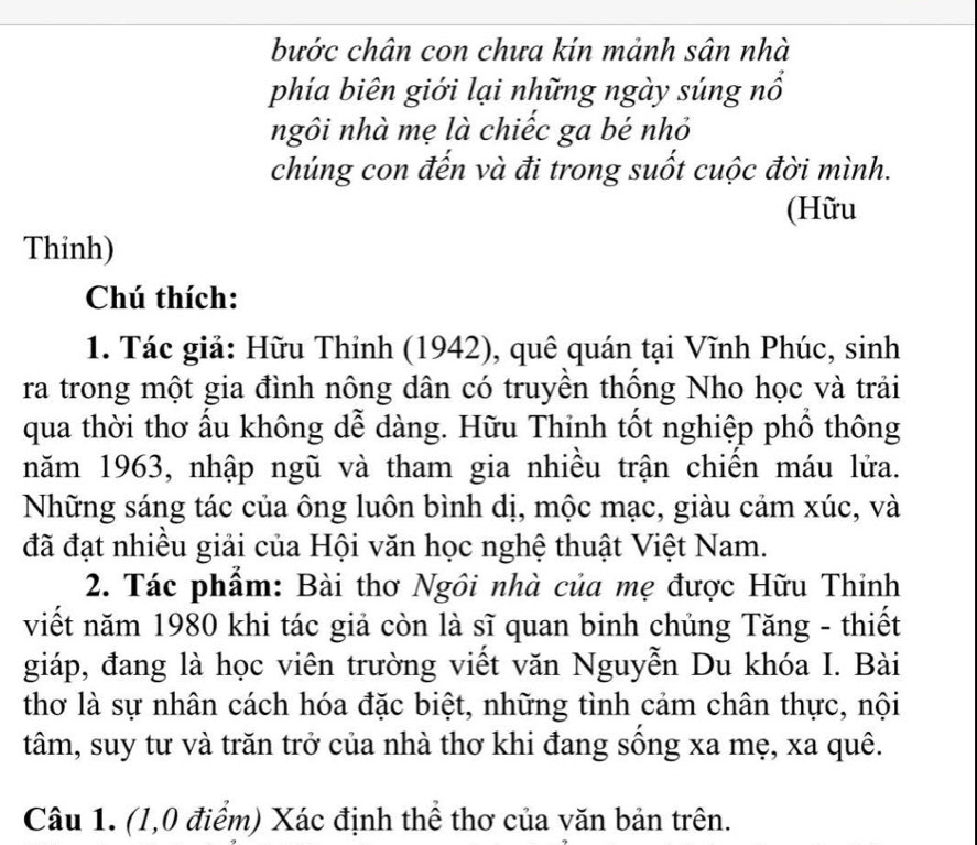 bước chân con chưa kín mảnh sân nhà 
phía biên giới lại những ngày súng nổ 
ngôi nhà mẹ là chiếc ga bé nhỏ 
chúng con đến và đi trong suốt cuộc đời mình. 
(Hữu 
Thinh) 
Chú thích: 
1. Tác giả: Hữu Thinh (1942), quê quán tại Vĩnh Phúc, sinh 
ra trong một gia đình nông dân có truyền thống Nho học và trải 
qua thời thơ ấu không dễ dàng. Hữu Thinh tốt nghiệp phổ thông 
năm 1963, nhập ngũ và tham gia nhiều trận chiến máu lửa. 
Những sáng tác của ông luôn bình dị, mộc mạc, giàu cảm xúc, và 
đã đạt nhiều giải của Hội văn học nghệ thuật Việt Nam. 
2. Tác phẩm: Bài thơ Ngôi nhà của mẹ được Hữu Thỉnh 
viết năm 1980 khi tác giả còn là sĩ quan binh chủng Tăng - thiết 
giáp, đang là học viên trường viết văn Nguyễn Du khóa I. Bài 
thơ là sự nhân cách hóa đặc biệt, những tình cảm chân thực, nội 
tâm, suy tư và trăn trở của nhà thơ khi đang sông xa mẹ, xa quê. 
Câu 1. (1,0 điểm) Xác định thể thơ của văn bản trên.