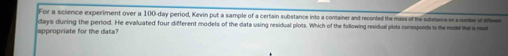 For a science experiment over a 100-day period, Kevin put a sample of a certain substance into a container and recorded the mass of the substance on a number of different
days during the period. He evaluated four different models of the data using residual plots. Which of the following residual plots corresponds to the model that is mout 
appropriate for the data?