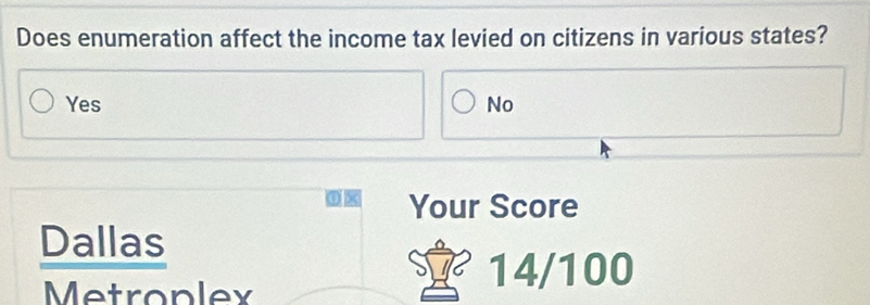 Does enumeration affect the income tax levied on citizens in various states?
Yes No
Your Score
Dallas
Metroplex
14/100