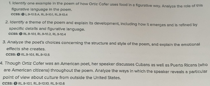 Solved: Identify one example in the poem of how Ortiz Cofer uses food ...