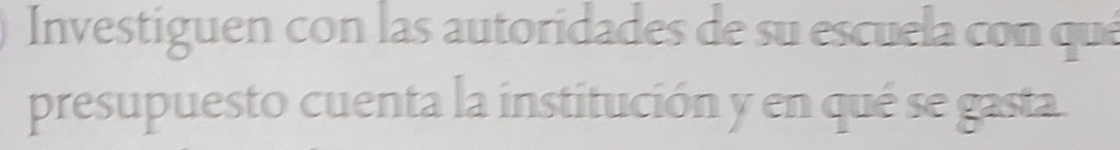 Investiguen con las autoridades de su escuela con qué 
presupuesto cuenta la institución y en qué se gasta.