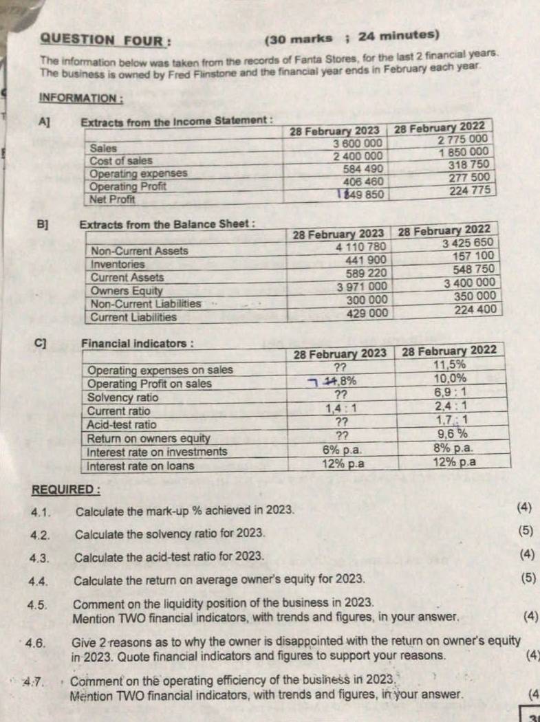 QUESTION FOUR ： (30 marks ; 24 minutes) 
The information below was taken from the records of Fanta Stores, for the last 2 financial years. 
The business is owned by Fred Flinstone and the financial year ends in February each year. 
INFORMATION ： 
A 
B] 
C] 
REQUIRED : 
4.1. Calculate the mark-up % achieved in 2023. (4) 
4.2. Calculate the solvency ratio for 2023. (5) 
4.3. Calculate the acid-test ratio for 2023. (4) 
4.4. Calculate the return on average owner's equity for 2023. (5) 
4.5. Comment on the liquidity position of the business in 2023. 
Mention TWO financial indicators, with trends and figures, in your answer. (4) 
4.6. Give 2 reasons as to why the owner is disappointed with the return on owner's equity 
in 2023. Quote financial indicators and figures to support your reasons. (4) 
4.7. Comment on the operating efficiency of the business in 2023. 
Mention TWO financial indicators, with trends and figures, in your answer. (4 
2