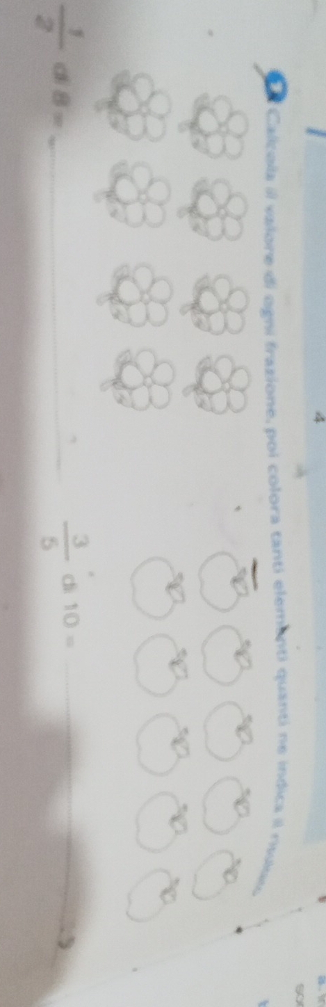 so 
Calcola il valore di ogni frazione, poi colora tanti elementi quanti ne indica il risuluu 

、
 1/2  8= _
 3/5  dì 10= _