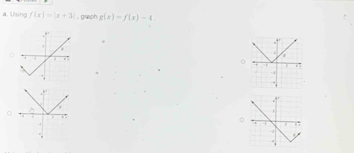 Using f(x)=|x+3| , graph g(x)=f(x)-4.