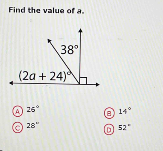 Find the value of a.
A 26°
B 14°
C 28°
D 52°