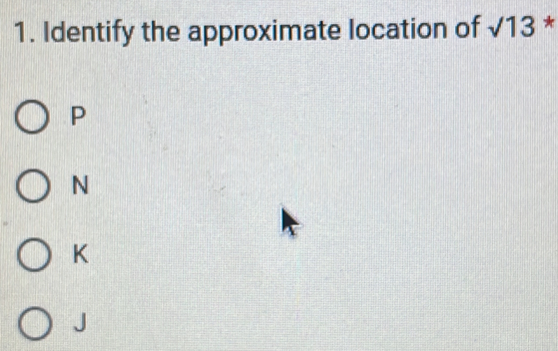 Identify the approximate location of sqrt(13) *
P
N
K