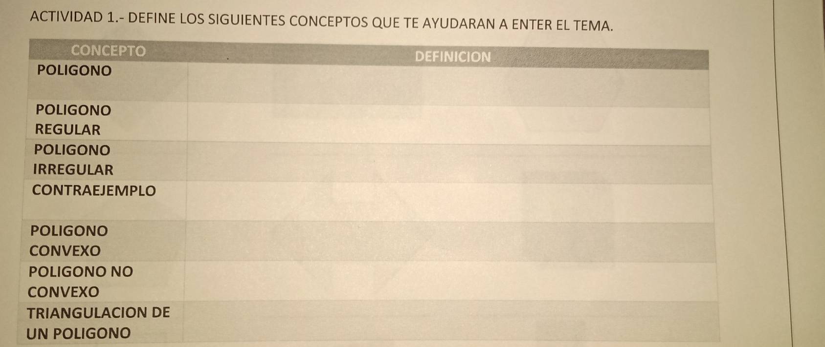 ACTIVIDAD 1.- DEFINE LOS SIGUIENTES CONCEPTOS QUE TE AYUDARAN A ENTER EL TEMA. 
UN POLIGONO