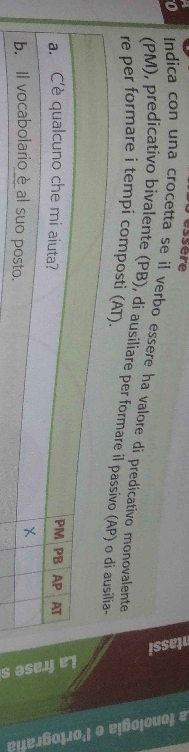 essere 
Indica con una crocetta se il verbo essere ha valore di predicativo monovalente 
(PM), predicativo bivalente (PB), di ausiliare per formare il p 
re per formare i tempi composti (A
