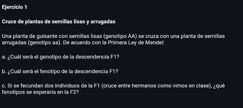 Cruce de plantas de semillas lisas y arrugadas 
Una planta de guisante con semillas lisas (genotipo AA) se cruza con una planta de semillas 
arrugadas (genotipo aa). De acuerdo con la Primera Ley de Mendel: 
a. ¿Cuál será el genotipo de la descendencia F1? 
b. ¿Cuál será el fenotipo de la descendencia F1? 
c. Si se fecundan dos individuos de la F1 (cruce entre hermanos como vimos en clase), ¿qué 
fenotipos se esperaría en la F2?