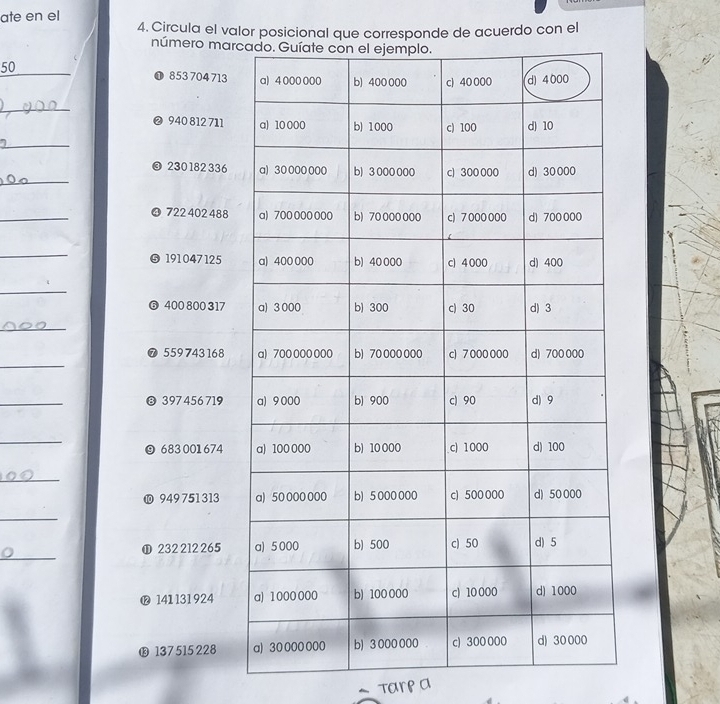 ate en el 
4. Circula el valor posicional que corresponde de acuerdo con el 
n 
50 
_ 
_ 
_ 
❸ 
_ 
❹ 
_ 
_ 
_ 
_ 
_ 
❸ 
_ 
❾ 6 
_ 
® 9 
_ 
_ 
① 2 
⓬ 1 
13 
Tare a