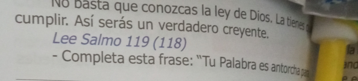 No basta que conozcas la ley de Díos. La tienes o 
cumplir. Así serás un verdadero creyente. 
Lee Salmo 119 (118) 
la 
- Completa esta frase: "Tu Palabra es antorcha par 
and