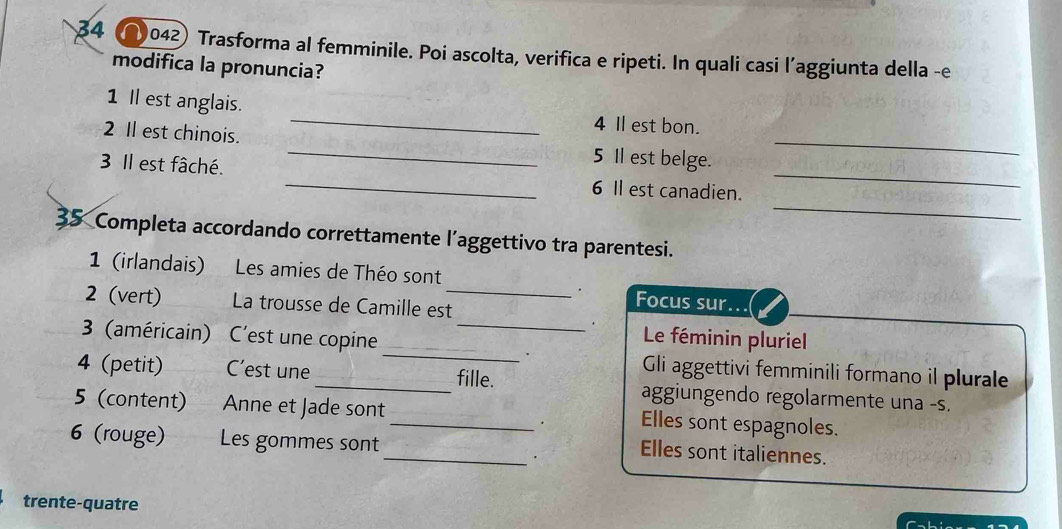 34 ●042 Trasforma al femminile. Poi ascolta, verifica e ripeti. In quali casi l’aggiunta della -e 
modifica la pronuncia? 
1 Il est anglais. _4 I est bon. 
2 Il est chinois. _5 I est belge._ 
_ 
3 Il est fâché. _6 Il est canadien._ 
35 Completa accordando correttamente l’aggettivo tra parentesi. 
1 (irlandais) Les amies de Théo sont_ Focus sur.. 
. 
_ 
2 (vert) La trousse de Camille est 
_ 
3 (américain) C’est une copine 
. Le féminin pluriel 
Gli aggettivi femminili formano il plurale 
4 (petit) C’est une_ fille. aggiungendo regolarmente una -s. 
5 (content) Anne et Jade sont _Elles sont espagnoles. 
. 
6 (rouge) Les gommes sont 
_· Elles sont italiennes. 
trente-quatre