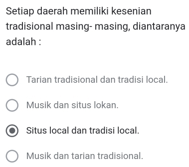 Setiap daerah memiliki kesenian
tradisional masing- masing, diantaranya
adalah :
Tarian tradisional dan tradisi local.
Musik dan situs lokan.
Situs local dan tradisi local.
Musik dan tarian tradisional.