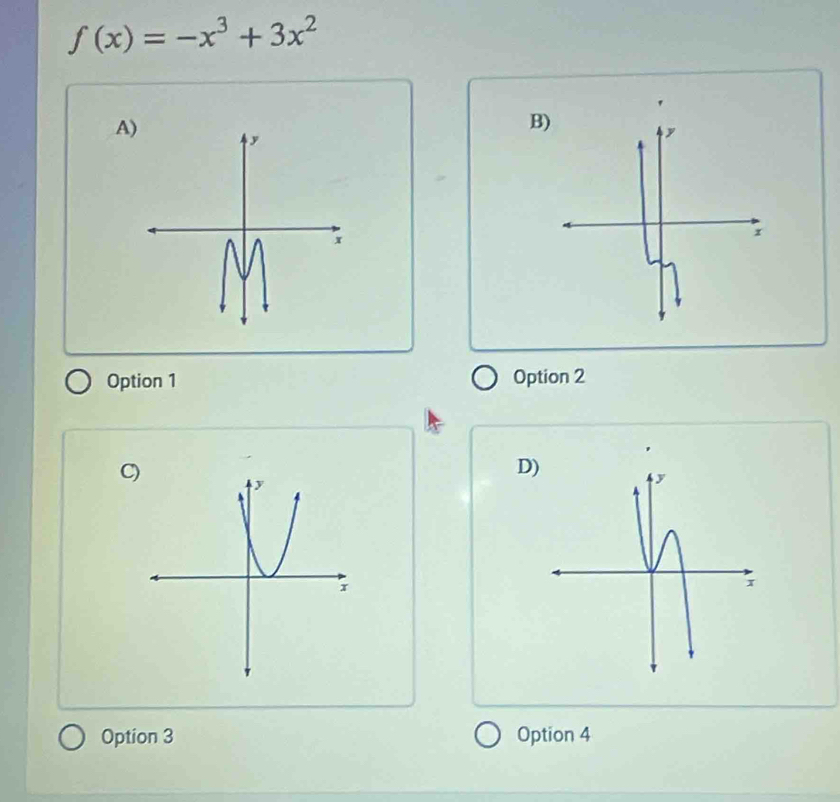 f(x)=-x^3+3x^2
A
B
Option 1 Option 2
C
Option 3 Option 4